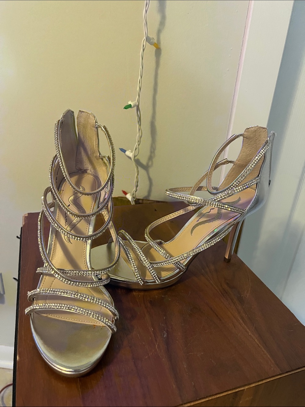 Women’s Strappy Rhinestone High Heel Sandals - Silver